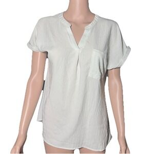 B White Split Neck Pullover Henley Blouse Short Cuff Sleeve Pocket Gauze Large
